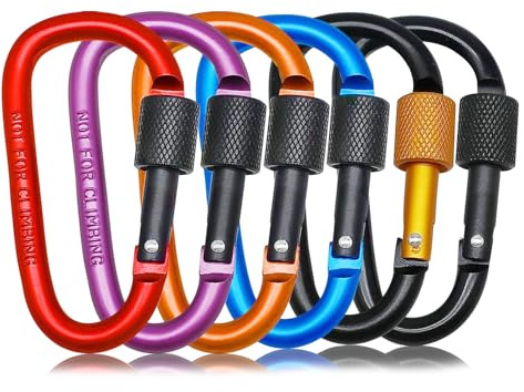 6 Pack Assorted Colors Small Locking Carabiner, 3 Inch Aluminum D-Shape Snap Hook with Screw Gate for Hiking, Camping, Fishing&Backpack(Not for Climbing)
