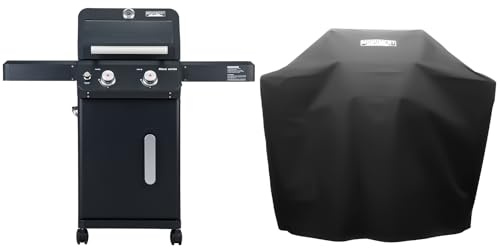 Monument Grills 2-Burner Foldable Stainless Steel Liquid Propane Gas Patio Garden Barbecue Grill with Clearview® Lid, Knob Control Mesa220 with BBQ Cover