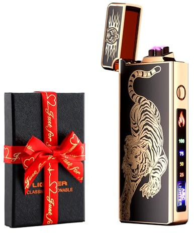 Elektrisches Feuerzeug Geschenk, Batterieanzeige USB-Feuerzeug Plasma Wiederaufladbare Winddicht & Flamme, Dual Bogen mit Batterieanzeige für Kerzen/Grill (Tiger)