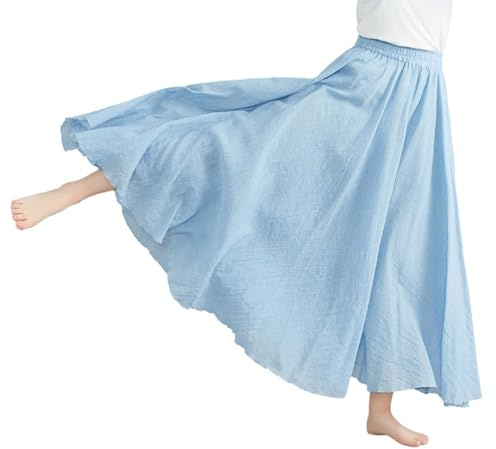 BEAUTYLAST Jupe bohème en coton et lin pour femme, taille élastique, longue, fluide et décontractée, pour l'été, la plage, les vacances (bleu ciel, 85 cm de longueur), bleu