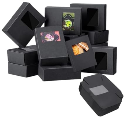 GYWHOOFT 25 Stück Papierschachteln mit Fenster, 9 x 6,5 x 3 cm, aus Kraftpapier mit rechteckigem Fenster aus PVC sichtbar, für Süßigkeiten, Schmuck, Partys, Geburtstage, Hochzeiten