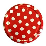 10 X JAM JAR CAP LIDS TWIST OFF/ 82mm. IDEAL FOR ANY TYPE OF PRESERVES,HONEY,JAM,MARMALADE,CHYTNEYS,THE LIDS ARE ACID PROOF, (Pattern Dots Red)