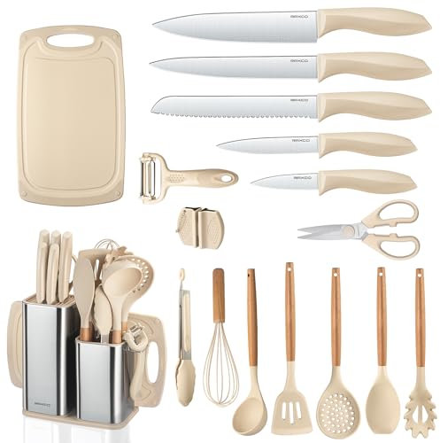 RAXCO Juego de cuchillos de cocina con bloque, 18 piezas de utensilios de cocina con 5 juegos de cuchillos y 7 espátulas de silicona