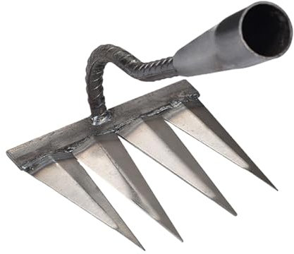 Rateau Jardin, Rateau de Désherbage 4 Dents en Acier, Outillage de Jardin à Main, Scarificateur Manuel Gazon, Houe Jardinage, Outils Jardinage pour Semer, Désherber, Ameublissement du Sol (sans bâton)