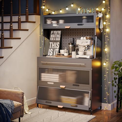 NETEL Halboffen Küchenschrank mit Arbeitsplatte und Schubladen, Bäckerregal Küche, Mikrowellenschrank,Küchenregal Stehend mit Türen, Küchenbuffet Buffetschrank, Kaffeeschrank, Schwarz, 100x42x168cm