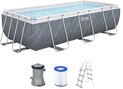Bestway Power Steel Frame Pool Set mit Filterpumpe 404 x 201 x 100 cm, Marmor-Optik (Schiefergrau), eckig