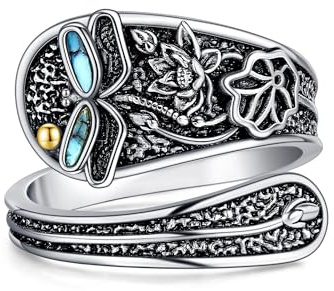 DAYLINLOVE Dragonfly Spoon Ring 925 Sterling Silver lotus Turquoise Adjustable Thumb Open Ring Turquoise Jewellery Gifts for Women Girls Dragonfly lotus Lover