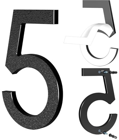 Yafimea Numero civico esterno 15 cm nero, Numeri civici adesivi o a vite, effetto galleggiante 3D, plastica resistente per parete o cancello (5)