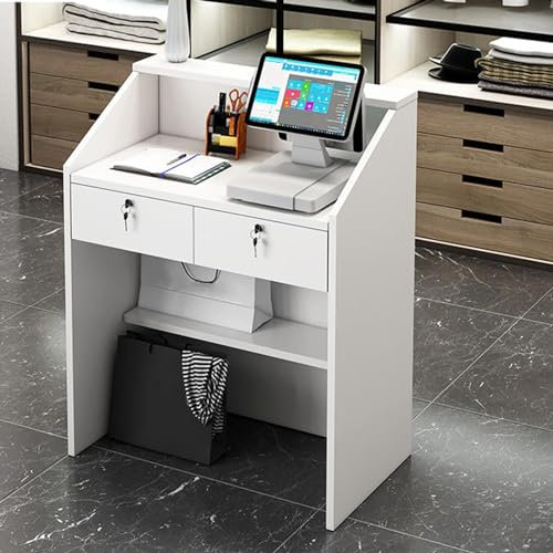 Moderner weißer Empfangstresen mit abschließbarer Schublade und offenem Regal, ideal für Salon oder Bekleidungsgeschäft, gewerblicher Bürotisch mit Rezeption, 60 x 38 x 92 cm