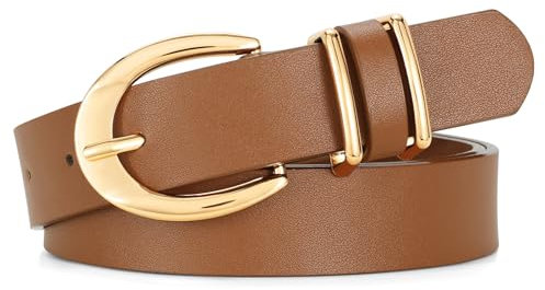 SUOSDEY Damen Ledergürtel für Jeanshosen, Schmaler Taillengürtel mit gold silber Schnalle 2.6cm Breite braun