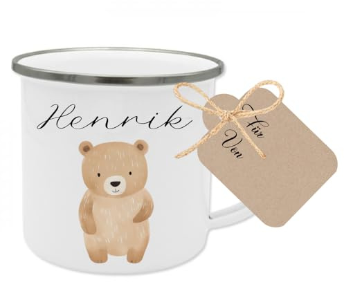 Manufaktur Liebevoll Namenstasse Kinder Kindertasse Personalisiert Emaille Tasse Mädchen Junge Geschenk Bär Tier Becher