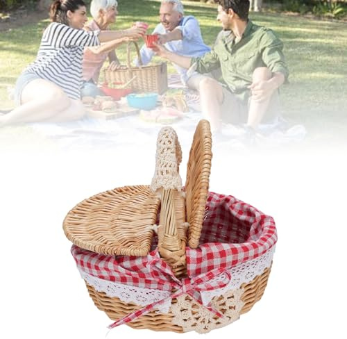 Canasta de Picnic, Pequeña Cesta de Mimbre con Tapa de Mango Plegable y Revestimiento Extraíble | Lindo Juguete de Cesta de Picnic Vacío para Niños, Halloween, Navidad, San