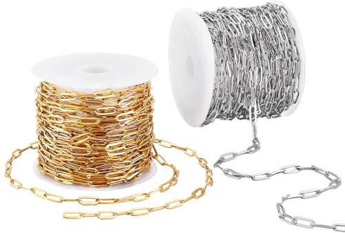 PH PandaHall 10 m x 3 mm, 304 rostfria stålkedjor, pappersklippkedjor, silver, guldkedja för handväska smyckestillverkning, halsband, armband, kedja, bulk för punk-stil, gör-det-själv-hantverk, 2