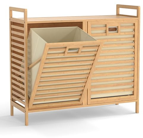 RELAX4LIFE Bamboo Laundry Hamper with Double Tilt-out Basket (1-Tier) | with Open Shelf and 2 Pull-out Removable Bags, Freestanding Dirty Clothes Sorter Washing Bin Organiser Unit for Bathroom