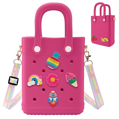 Mini Rubber Tote Bag, EVA Beach Tote with 30 Charms, Cute Bag for Little Girl & Women with Adjustable Shoulder Strap