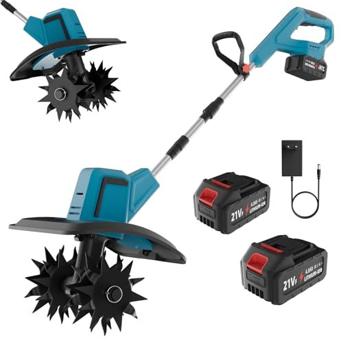 Motobineuse Electrique, 21V Motobineuse Electrique sans Fil avec 2 x 4,0Ah Batteries, Moteur Brushless, Profondeur 15CM, Largeur 20CM, Lame Double Face, Idéale pour l’Agriculture et Le Jardinage
