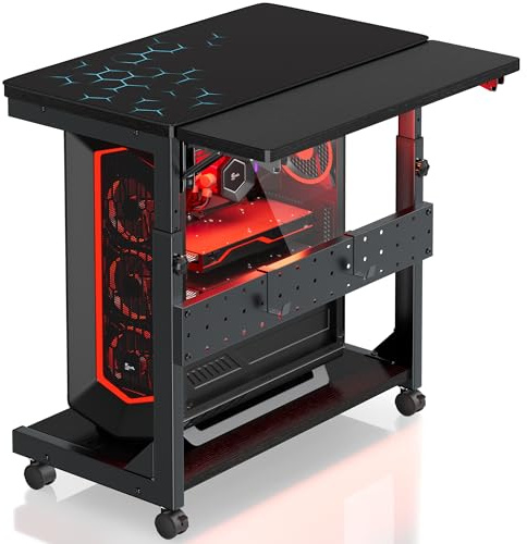 Sealong Höhenverstellbarer Computer PC Tower Ständer mit Rollen, Maus Pad & Klappablage – 2-stufig PC Hhalterung unter Schreibtisch für Gaming & Büro – Mobiler Druckerständer für ATX-Gehäuse