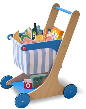 Teamson Kids Carrito de Compras Little Helper Mr. Fresh, Juguete de Simulación, para Niños Desde 3 Años, 44.6x32.4x60 cm, Azul, Madera, con 13 Alimentos y Cesta de Tela, 2.4 kg