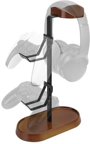 GEEKRIA 2-in-1 Headphone Stand with Controller Holder for Gaming Desk Setup, Walnut Wood & Aluminum Headset Stand, Desktop Organizer for PS5 PS4 Xbox Switch Controllers & Over-Ear Headphones