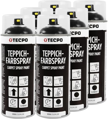 TECPO Spray de pintura para alfombras, 6 x 400 ml, pintura textil, color negro, para alfombras de coche, alfombrillas de techo, tela, goma, plástico, tratamiento interior