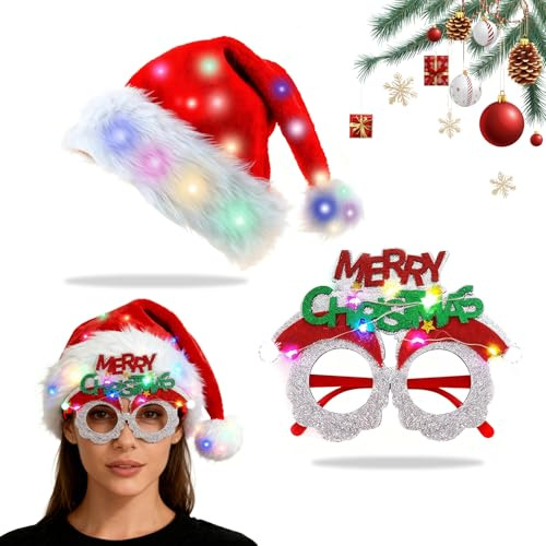 YYSWSAKY LED Weihnachtsmütze, Lustige Kopfbedeckung Weihnachten, Blinkende Weihnachtsmützen mit Weihnachten Brille, Nikolausmütze mit LED&Lustige Weihnachtsbrillen, Christmas Hat für Kinder&Erwachsene