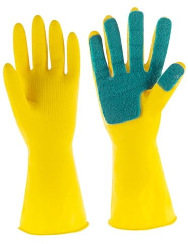 GARVALON Yellow Dishwashing Gloves Scouring Pad Sponge, Housework Cleaning Gloves for Kitchen Cleaning, Comfortable to Wear, 1 Pair