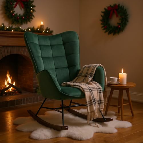 MEUBLE COSY Poltrona Relax, Sedia a Dondolo Confortevole in Velluto con Gambe in Legno e Metallo per Soggiorno