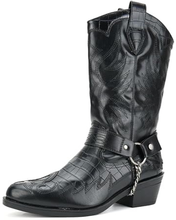 Cowboystövlar för män med spetsig tå västerländsk bältesspänne kedja remmar klassiska broderier slip-on skor, svart, 42 EU