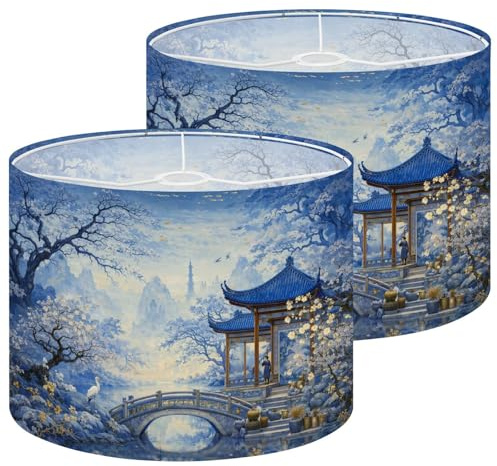 Lamp Shades Set of 2 Traditional Chinese Garden Pavilion Stone Bridge Blossoming Trees Drum Lampshades for Table Lamps Floor Lamps Pendant Light 13x13x10 Replacement Lamp Shade Easy Assembly