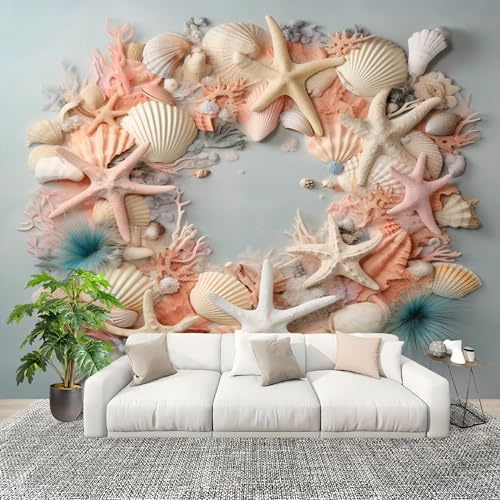Mural Papel Pintado 3D 400x280cm Romance OcéAno Estrella De Mar Concha Fotomurales Tejido No Tejido Antiarrugas Póster Rosa Claro Murales Fotográfico Moderno Decoración de Paredes