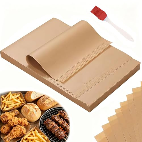 200 Pcs Parchment Paper Baking Sheets with 1 Small Pastry Brush, 20x30cm Non-Stick Pre-Cut Paper for Air Fryer Oven, Food Grade, Heat Resistant -40°C to 250°C
