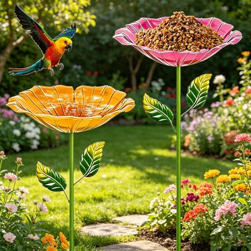 Vogeltränke Stehend,2 Stück Wassertränke für Vögel,Vogelbad Garten,Handgefertigt Blumenform Vogeltränke,Metall Vogelbecken Schüssel,Blumenform Fütterungsschale,für Wildvögel Frostfest,Garten,Hinterhof