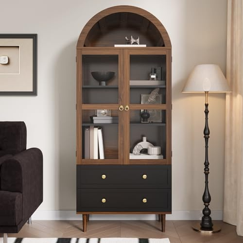 RAPRAP Moderner Retro Vitrinenschrank Wohnzimmer, 165x70x38cm Gewölbte Glasvitrine Stehend mit Walnuss-Holzmaserung, geriffelter Glastür, verstellbaren Regalen & goldenen Griffen,Walnuss,C