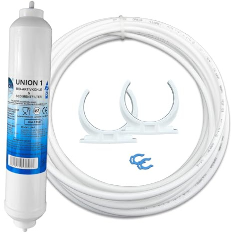 UNIONfilter Kühlschrankfilter UN1/AS1 extern, 1/4 Zoll, mit 5 m Schlauch | Aktivkohlefilter mit integriertem Schlauchanschluss, 2 Halterungsclips und deutscher Installationsanweisung