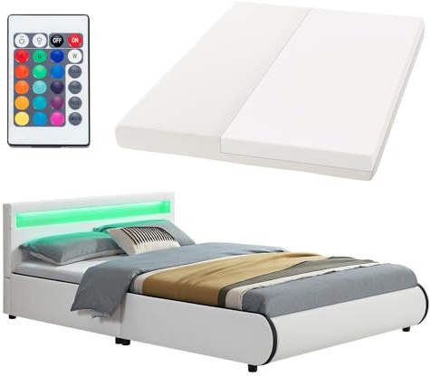 Juskys Polsterbett Sevilla 140x200 cm mit Matratze, LED Beleuchtung, Lattenrost & Kopfteil - Holz & Kunstleder - 16 Farbeinstellungen & Fernbedienung - Bett Jugendbett Einzelbett - Weiß