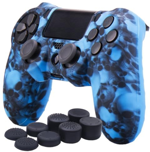 YoRHa Cranio di stampa di trasferimento dell'acqua Cassa pelle copertura silicone skin cover Custodia per PS4/Slim/Pro Controller x 1 (Blu) Con PRO presa del pollice thumb grips x 8