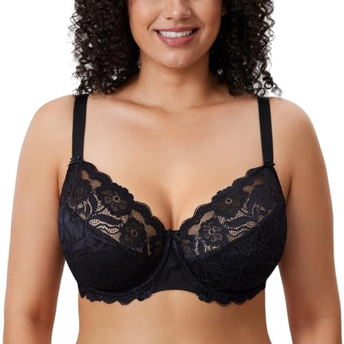 Delimira Women's Full Coverage Non-Foam Floral Lace Plus Size Underwired Bra Black 38J
