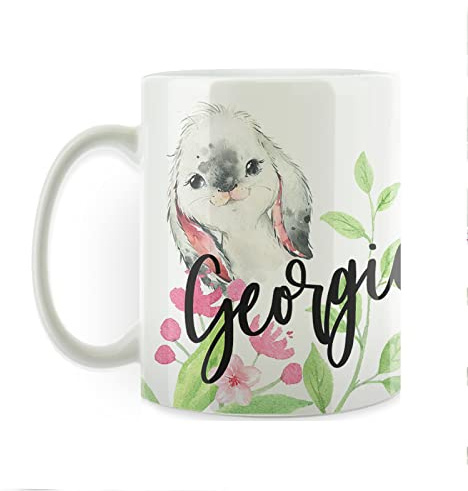 Hairyworm Personalised Mug with Custom Name (11oz) White, Yellow, Blue, Black, Pink Cup with Name on Grey Rabbit & Pink Flower Print Design