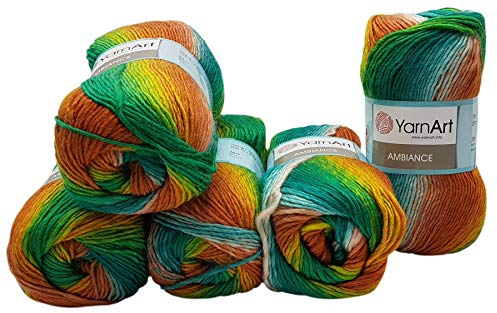 Ilkadim 5 x 100 g YarnArt Ambiance Strickwolle Mehrfarbig mit Farbverlauf, 500 Gramm Strickgarn mit 20% Wolle-Anteil (grün terrakotta türkis 152)