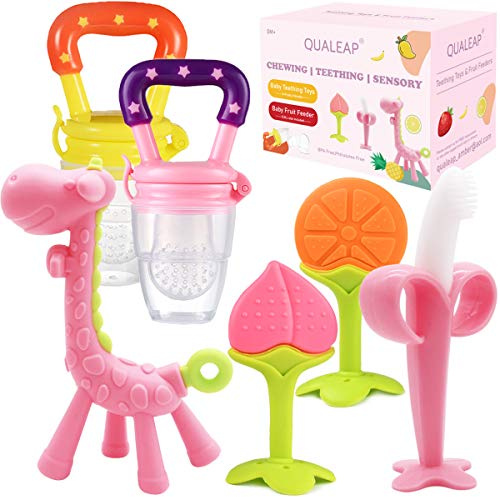 Medical-Grade Teething Toys for Babies 0-6 6-12 12-18 Months - with Adorable Baby Teethers & Baby Fruit Feeders - Soft Textures for Infant and Toddlers (Pink)
