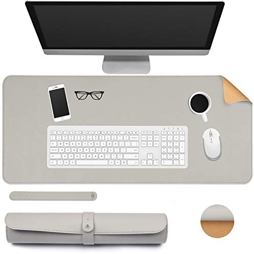 Dricar Desk Pad Cork Leather Double-Sided Office Desk Mat, 80 X 40cm Large Non-Slip Waterproof Keyboard Mouse Mat Desk Writing Pad for Office Home (Grey)