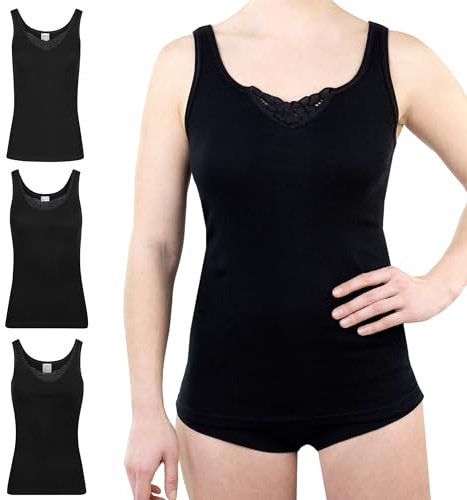 SES Top Damen 3er-Pack Schwarz 52 Baumwolle Unterhemden mit Spitze & weicher Feinripp-Qualität Trägertop Basic Top