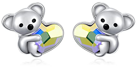 Koala örhängen 925 sterling silver söta djur knoppörhängen allergivänliga hjärta kristallörhängen smycken koala björn gåvor för kvinnor flickor, Sterlingsilver, Kristall