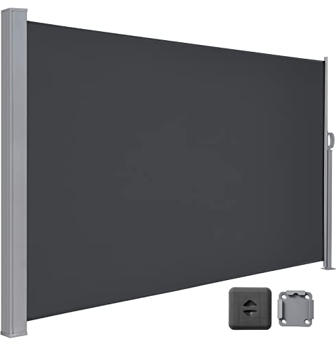 LARMNEE Seitenmarkise mit Stahl-Kasten, 160 x 400 cm, Markise ausziehbar, Sonnenschutz, Seitenrollo, Blickdicht, für Garten, Terrasse, Balkon, Anthrazit EBK164TBP02