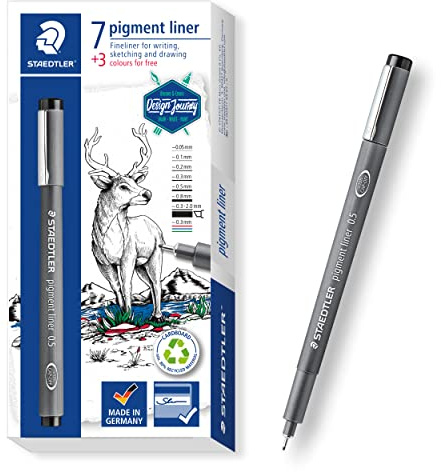 STAEDTLER Pigment Liner 308 Fineliner – svart, 7-pack, 0,05–2,0 mm | Permanent, vattenfast & raderbart pigmentbläck i sju bredder – skiss, illustration & lettering – Art.-Nr. 308 C10