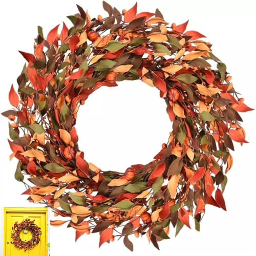 24in/60cm Autumn Wreath For Front Door, Artificial Halloween Wreath Decorations, Faux Autumnal Wreath, Reef Artificial With Pumpkin Leaves For Christmas & All Seasons