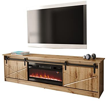Mirjan24 TV Schrank mit Elektrischem Kamin Otemna, TV Lowboard, Fernsehschrank, Realistische LED-Flamme, Elektrischer Kamin mit Heizung (Eiche Wotan)
