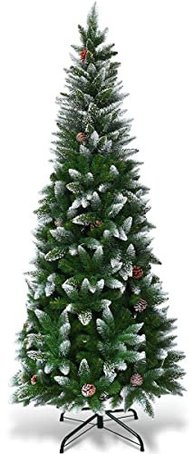 COSTWAY 5FT/6FT/7.5FT Artificial Christmas Tree, Snow Flocked Pencil Trees with Pine Cones and Metal Stand, for Xmas Indoor Décor