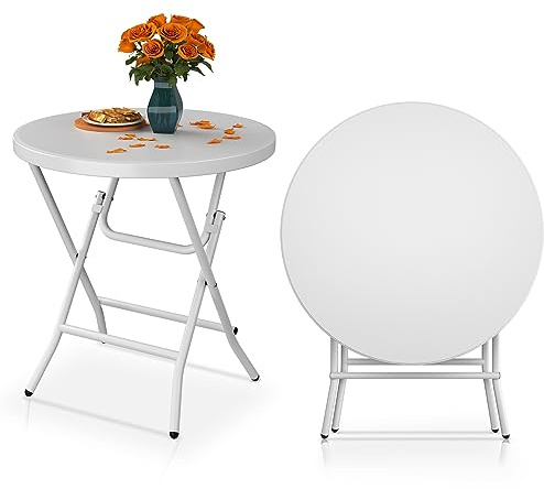 YITAHOME Tavolino Pieghevole Piccolo da 2.6FT, Tavolino Rotondo da Giardino Robusto, Tavolino Laterale Pieghevole per Feste all'Aperto, Spiaggia Barbecue, Bianco, 80 x 80 x 74cm