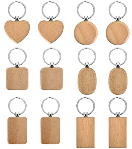Colexy Schlüsselanhänger Holz, 12 Stücke Schlüsselring Holz， Personalisiert Naturholz Blanko Schlüsselbund Holzanhänger mit Ring für DIY Bemalen Schlüssel Handtasche Geldbörse Geschenk
